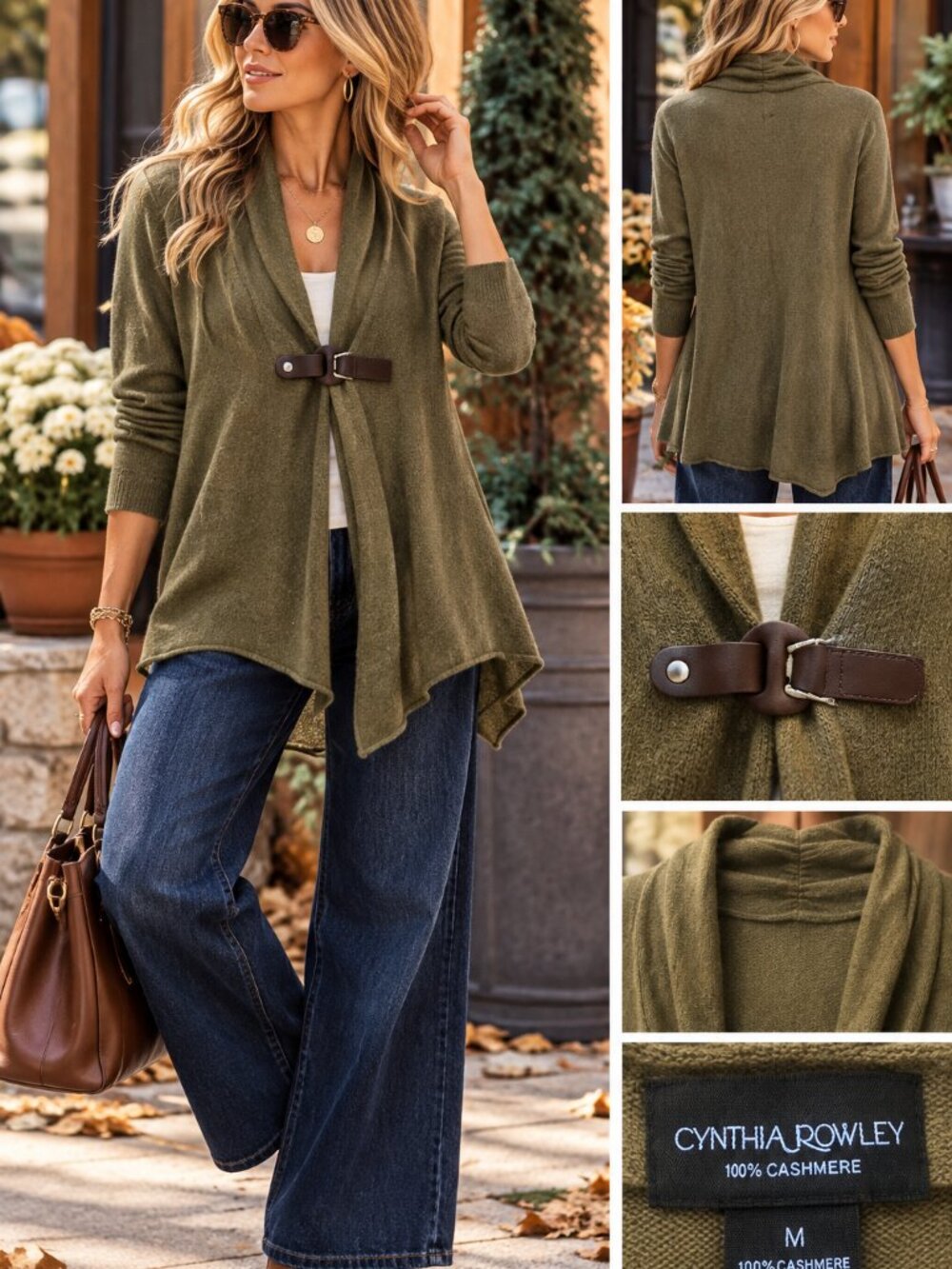 Cynthia Rowley 100% Cashmere Cardigan M Olive Green Buckle Draped